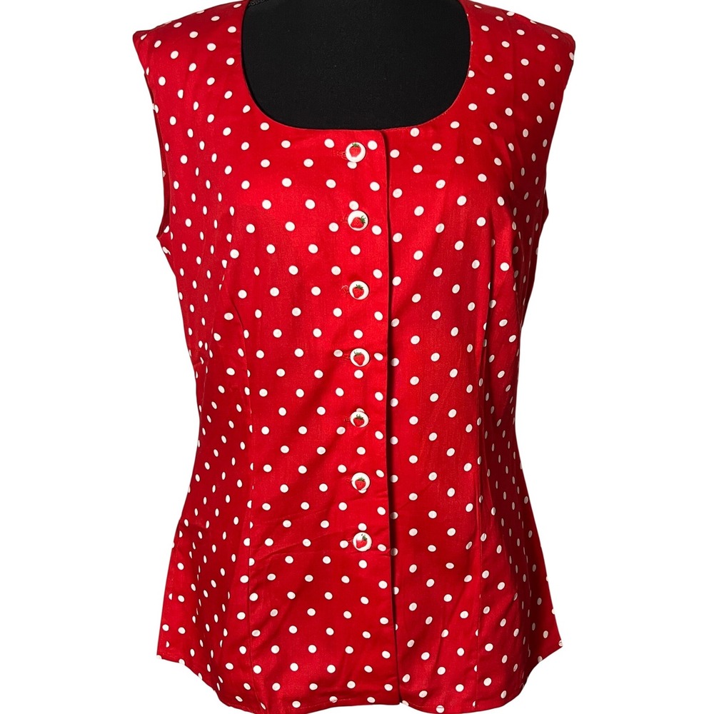 Vtg Alice of California Red‎ Polka Dot Strawberry Button Top Womens 12 NOS 60s
